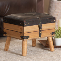 Baxton Studio DE03A-5282-Brown-Otto-Small Baxton Studio Amena Rustic Transitional Dark Brown PU Leather Upholstered and Oak Finished Wood Small Storage Ottoman